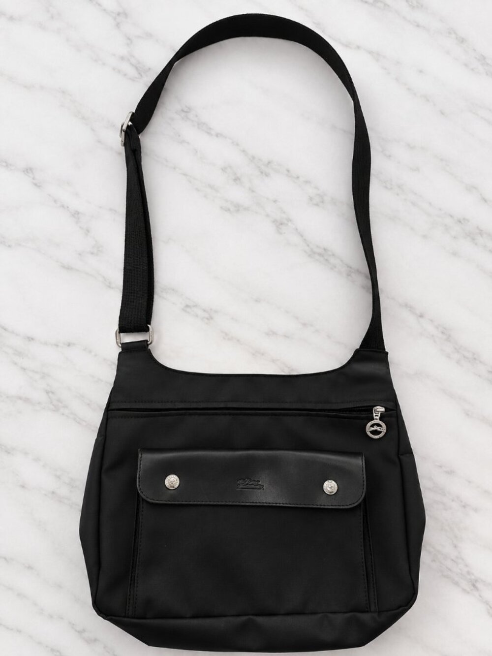 Vintage Longchamp Planètes Black Nylon Leather Crossbody Bag